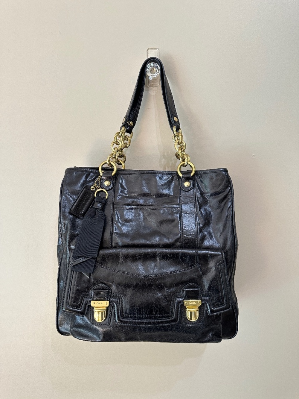 Vintage Coach Poppy Push Lock Black Leather Tote Shoulder Bag 17924 Y2K